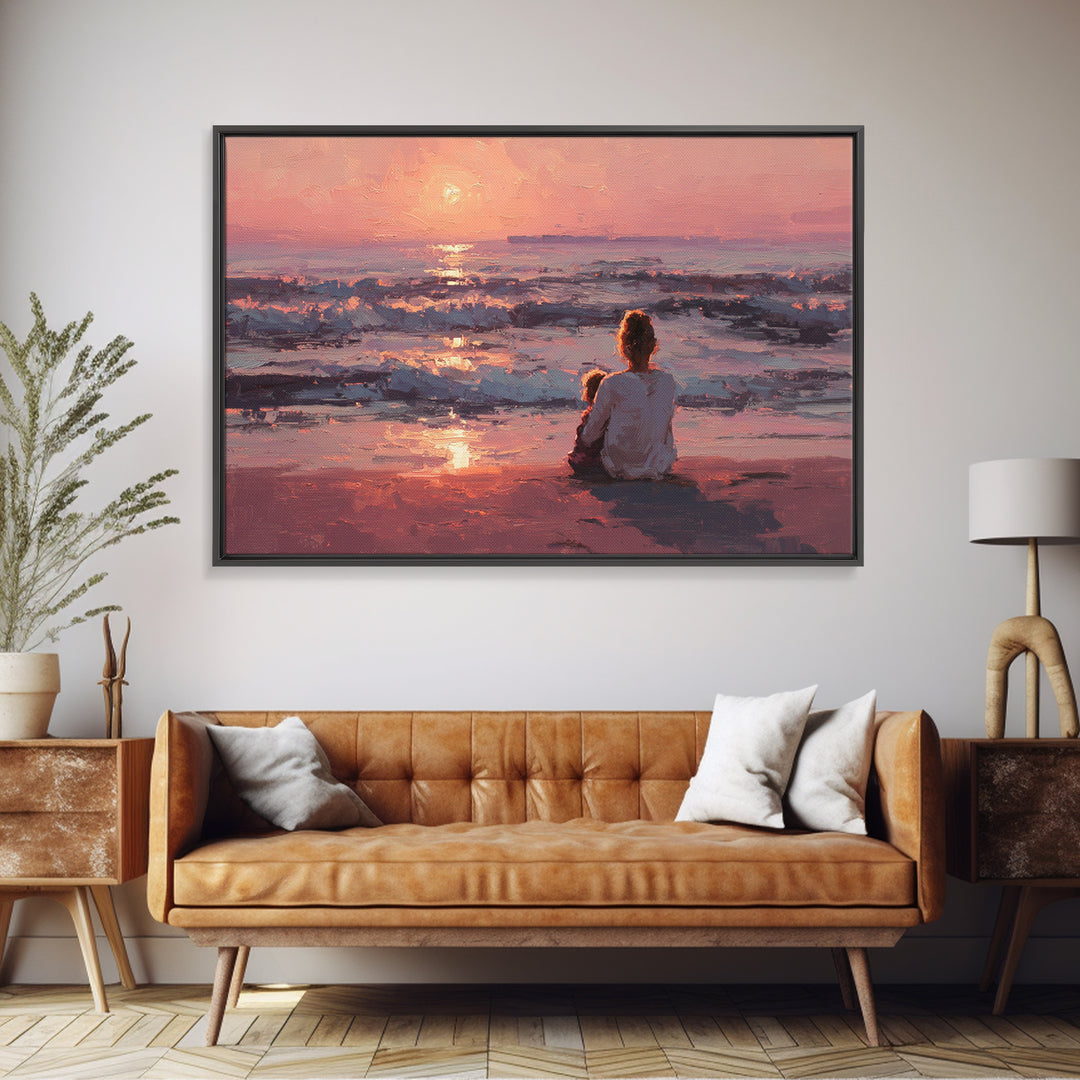 Mother And Child At Pink Ocean Sunset Wall Art, Coastal Beach House Decor, Serene Seascape Print, Gift For Mom, Living Room Decor
