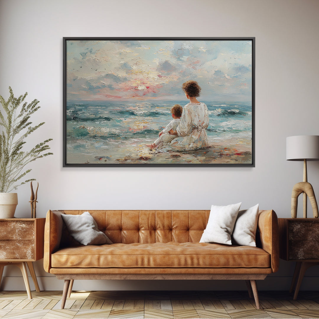 Mother And Child By Blue Sea Framed Canvas Print, Coastal Wall Art, Beach House Decor, Ocean Nursery, Gift For Mom, Living Room Art