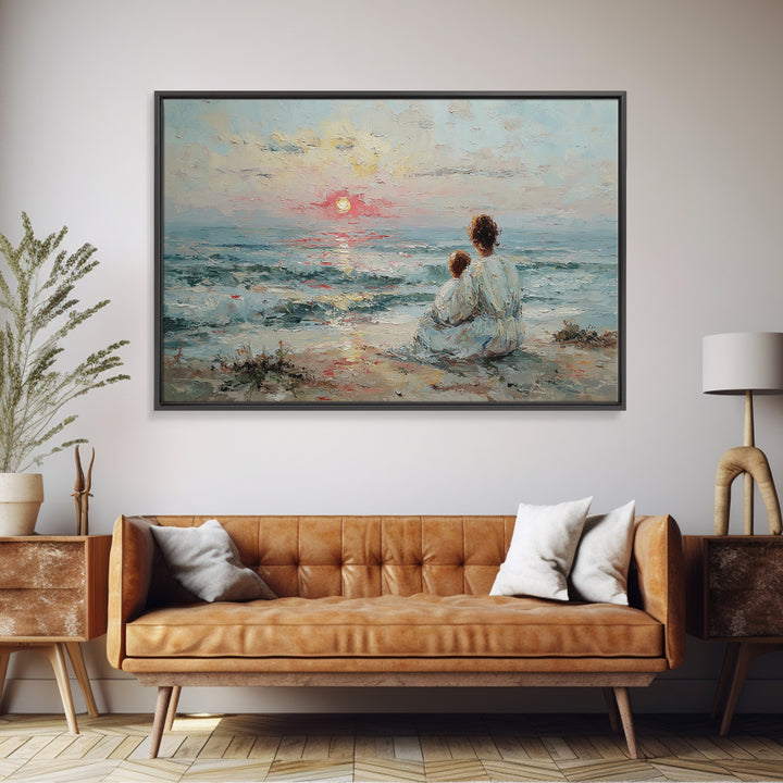 Mother And Child Watching Soft Seaside Sunset Canvas Print, Coastal Wall Art, Ocean Decor, Gift For Mom, Living Room Art