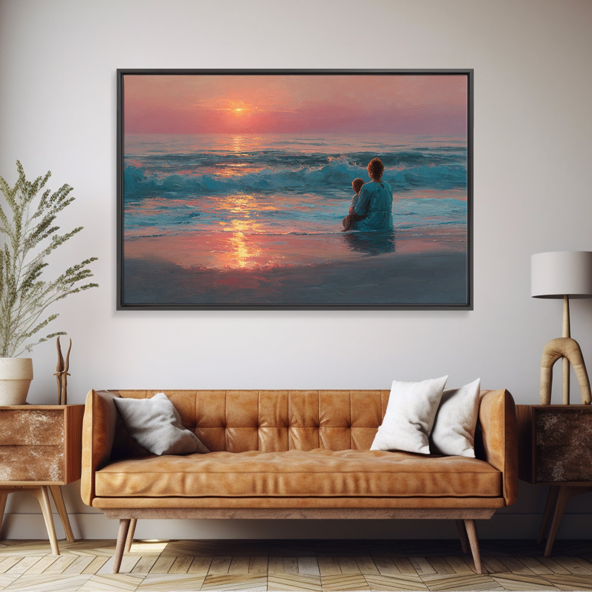 Mother And Child In Rose Gold Ocean Waves Wall Art, Coastal Canvas