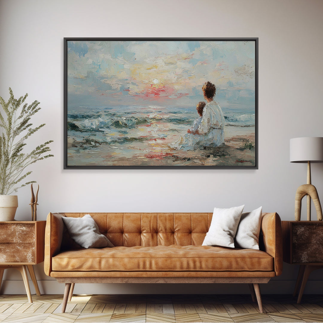 Impasto Mother And Child At Gentle Ocean Sunrise Framed Canvas Print, Coastal Wall Art, Beach Decor, Gift For Mom, Serene Home Decor