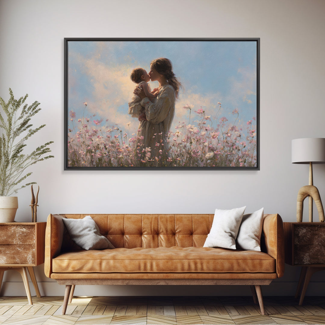 Mother Kissing Baby In Wildflower Meadow Wall Art, Feminine Floral Canvas Print, Nursery Decor, Gift For Mom, Baby Shower Gift