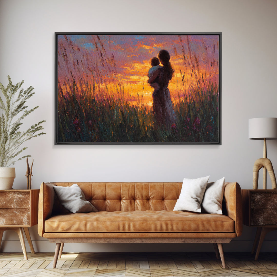 Mother And Baby Silhouette In Tall Grass Sunset Wall Art, Warm Meadow Canvas Print, Boho Nursery Decor, Gift For Mom, Bedroom Wall Art
