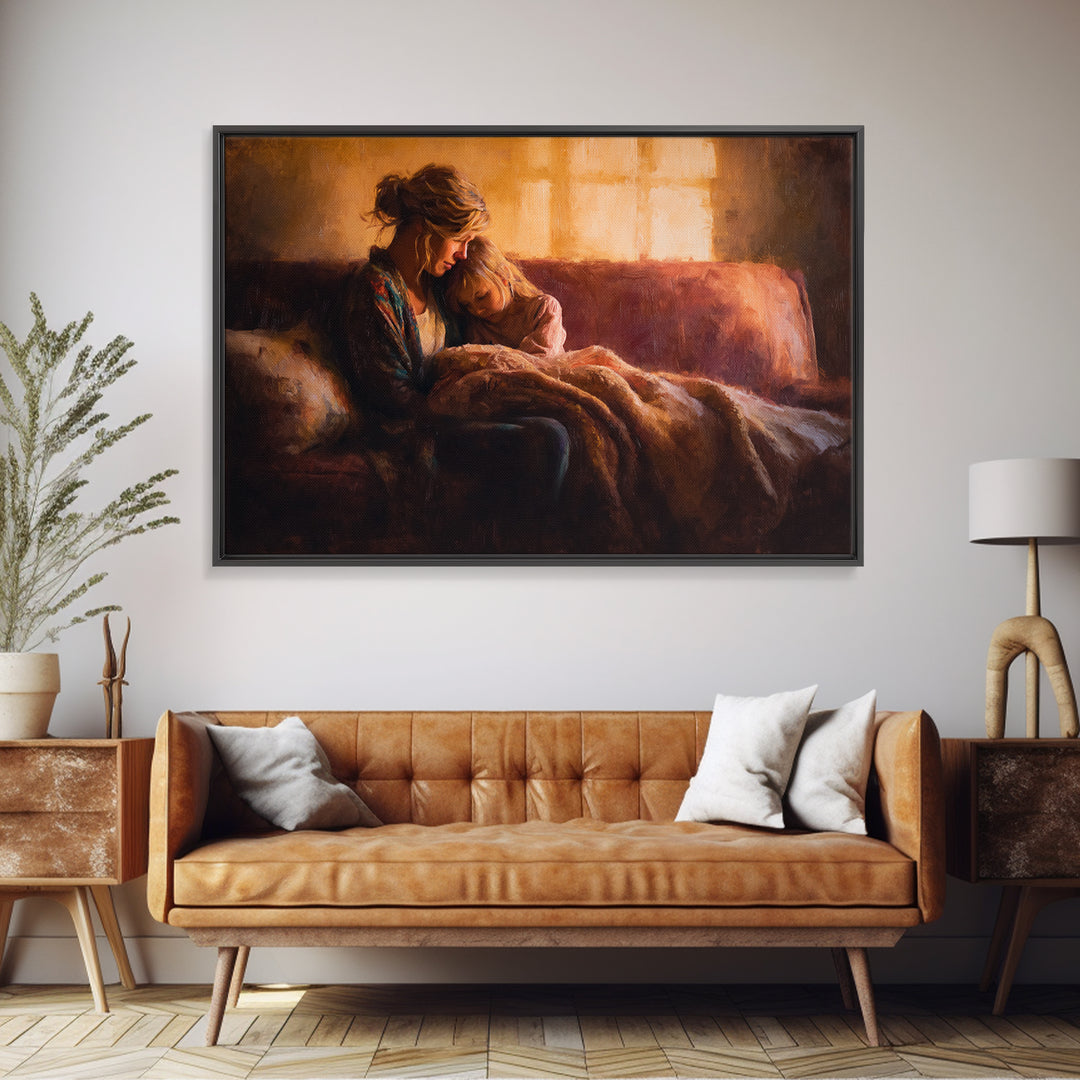 Mother And Child Cuddling On Warm Sofa Canvas Print, Cozy Bedroom Wall Art, Family Home Decor, Gift For Mom, Nursery Art