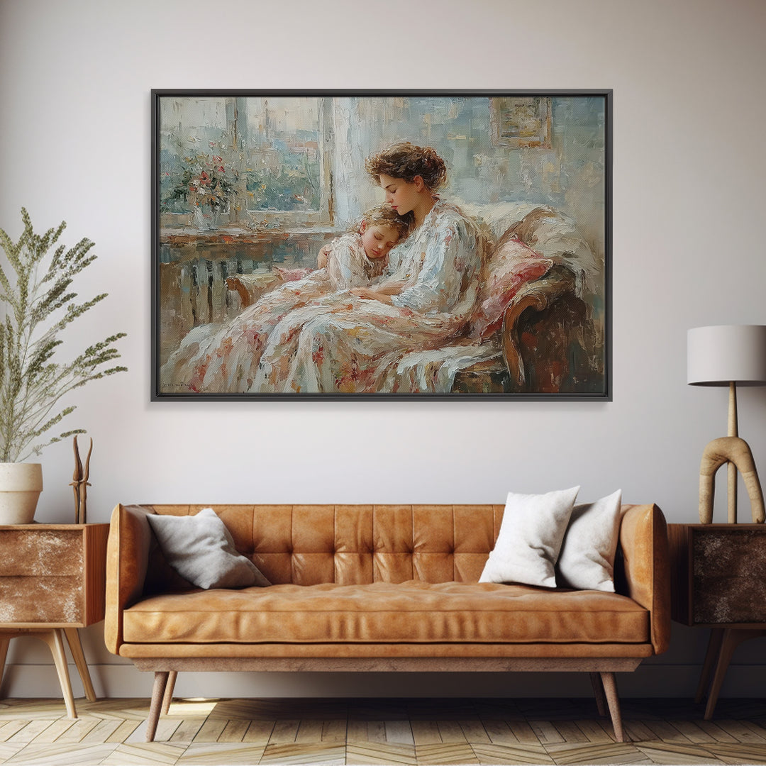 Mother And Child Resting By Window Wall Art, Impressionist Family Portrait, Cozy Bedroom Decor, Gift For Mom, Nursery Art