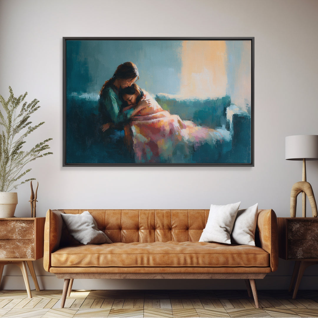 Mother Comforting Child In Blue Room Canvas Print, Modern Family Wall Decor, Emotional Portrait Art, Gift For Mom, Home Decor