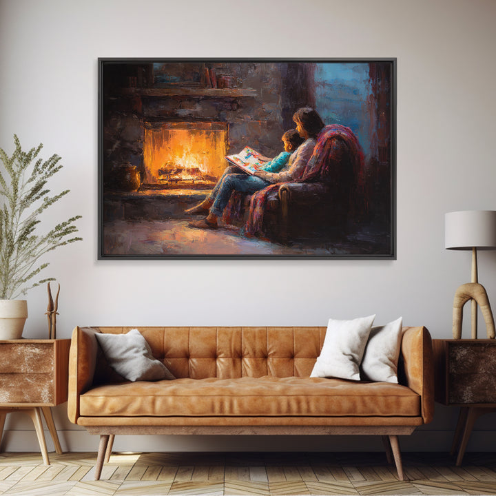 Mother And Child Reading By Glowing Fireplace Canvas Print, Cozy Family Wall Art, Dark Academia Decor, Gift For Mom, Living Room Decor