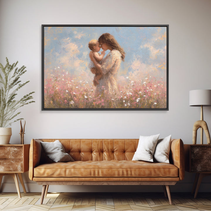 Mother Holding Baby In Wildflower Meadow Wall Art, Soft Impressionist Floral Print, Nursery Decor, Gift For Mom, Baby Gift