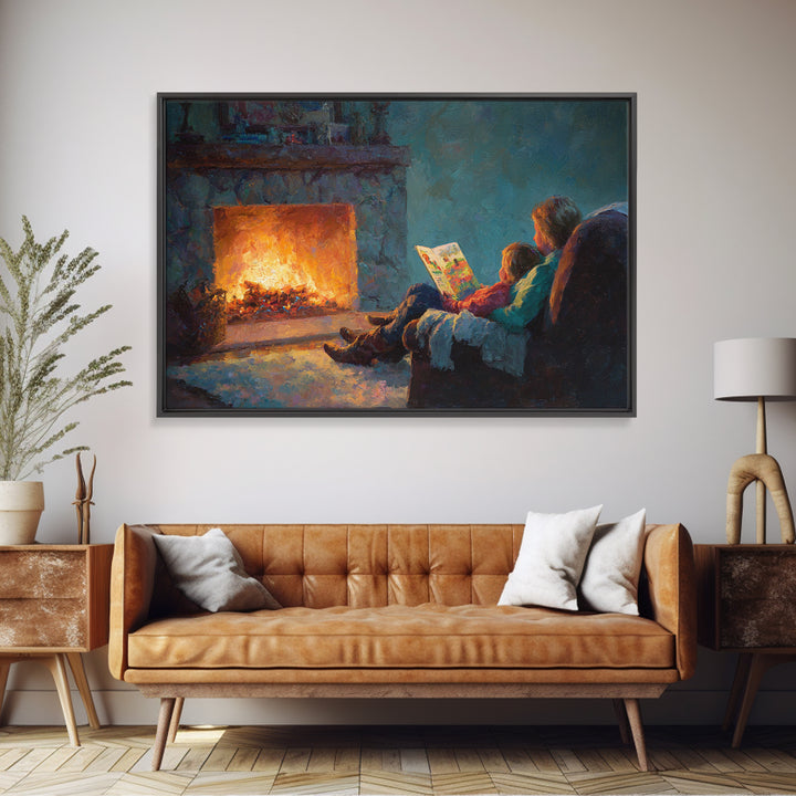 Mother And Child Storytime By Fireplace Framed Canvas Print, Cozy Living Room Wall Art, Family Reading Decor, Gift For Mom