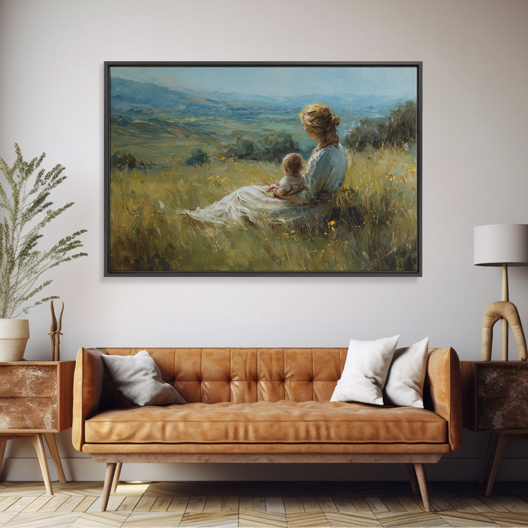Mother And Baby In Wildflower Meadow Wall Art, Impressionist Landscape Painting, Feminine Nursery Decor, Gift For Mom, Living Room Decor
