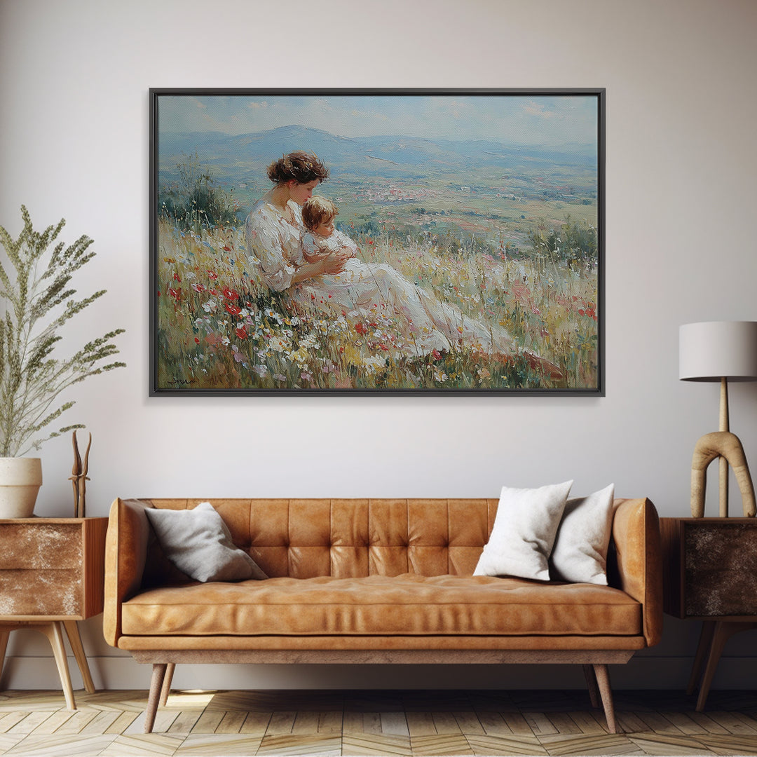 Seated Mother Nursing Baby In Flower Field Framed Canvas Print, Impressionist Landscape Art, Feminine Bedroom Decor, Gift For Her