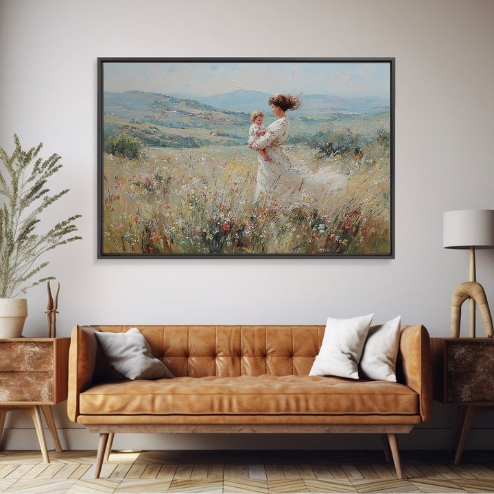 Standing Mother With Baby In Wildflower Valley Canvas Print, Impressionist Floral Landscape, Nursery Decor, Gift For Mom