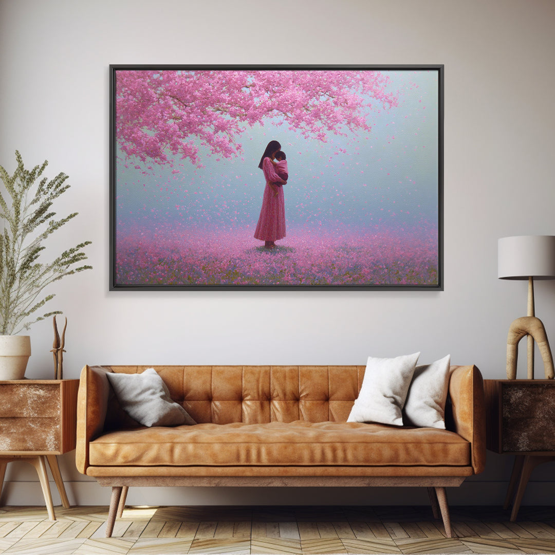 Mother And Child Under Pink Blossoms Wall Art, Cherry Blossom Painting, Feminine Nursery Decor, Romantic Gift For Her, Pink Wall Art