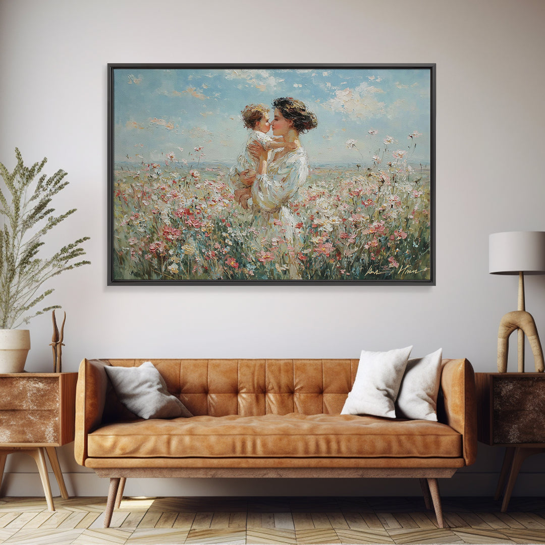 Mother Kissing Baby In Wildflower Field Canvas Print, Impressionist Floral Painting, Nursery Wall Art, Gift For Mom, Living Room Decor