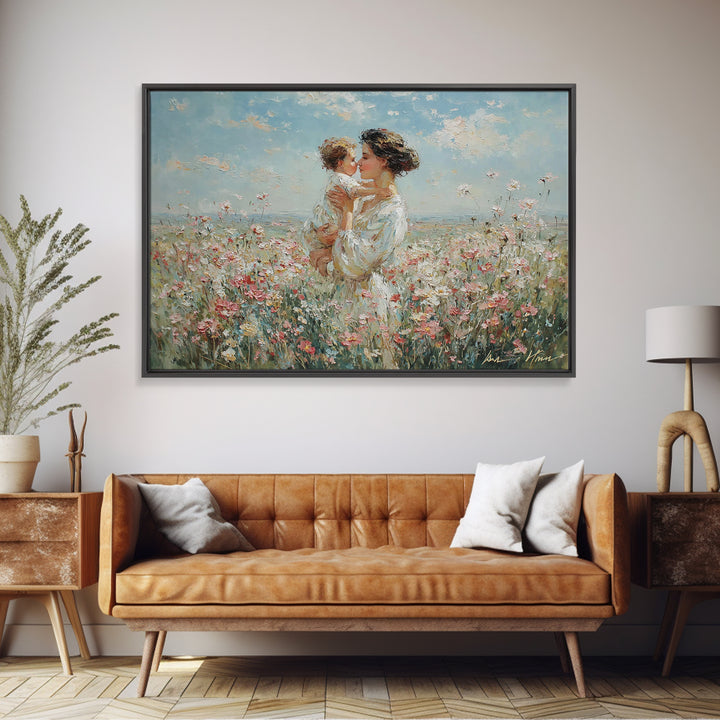 Mother Kissing Baby In Wildflower Field Canvas Print, Impressionist Floral Painting, Nursery Wall Art, Gift For Mom, Living Room Decor