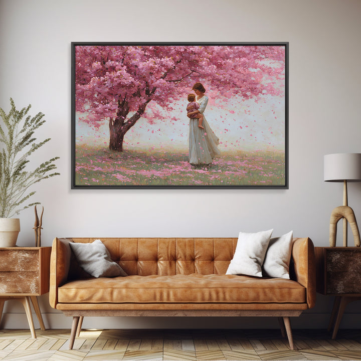 Mother And Child Under Cherry Blossom Tree Framed Canvas Print, Pink Floral Landscape, Romantic Nursery Decor, Gift For Her