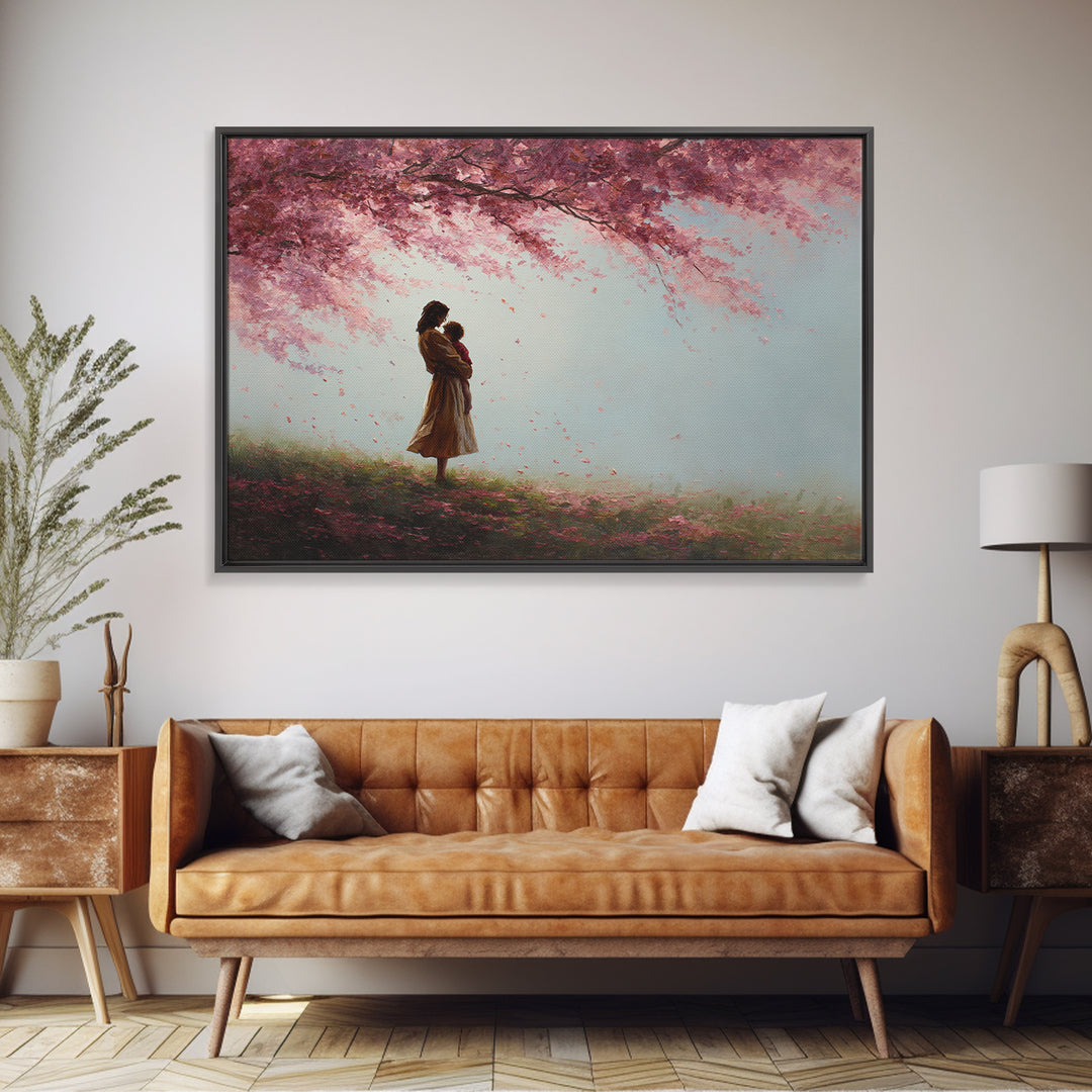 Mother And Child Under Pink Blossoms Wall Art, Soft Spring Meadow Canvas, Feminine Nursery Decor, Gift For Mom, Living Room Decor