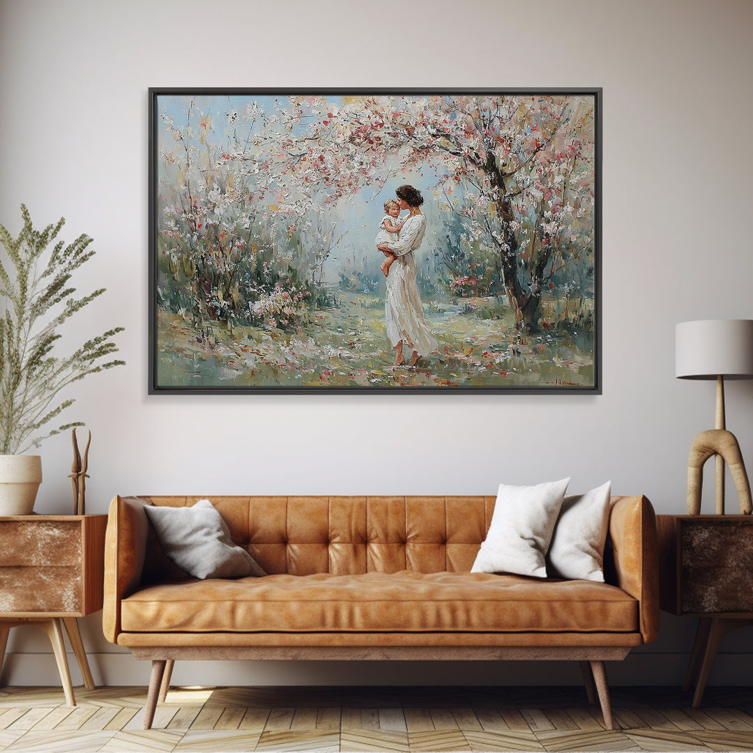 Mother Holding Baby In Blooming Garden Canvas Print, Impressionist Floral Wall Art, Nursery Decor, Housewarming Gift, Home Decor