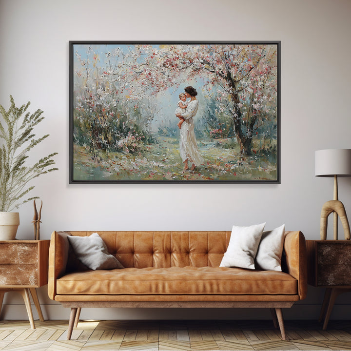 Mother Holding Baby In Blooming Garden Canvas Print, Impressionist Floral Wall Art, Nursery Decor, Housewarming Gift, Home Decor