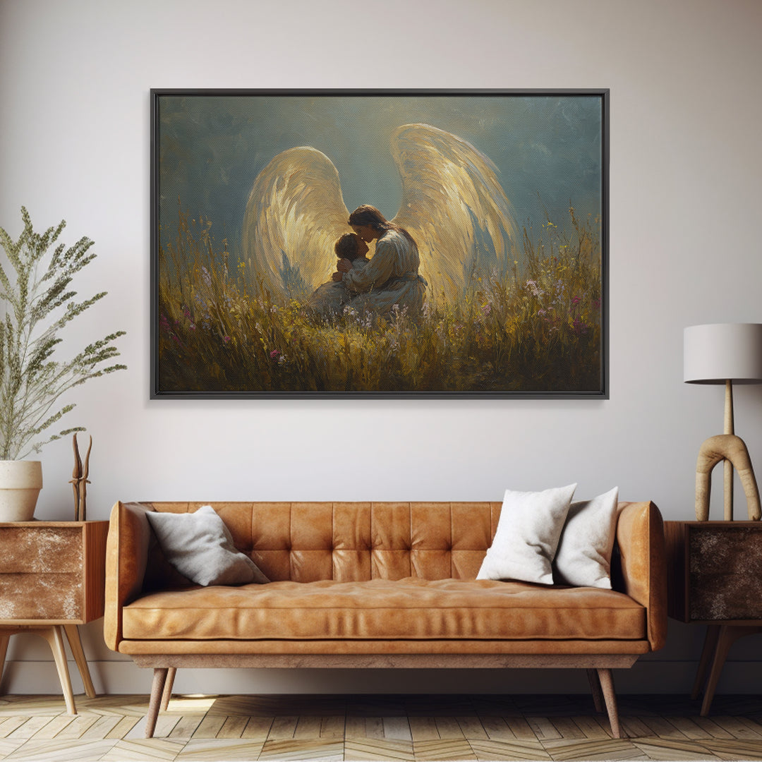Golden Winged Angel And Child Meadow Framed Canvas Print, Spiritual Wall Art, Christian Nursery Decor, Gift For Her, Living Room Decor