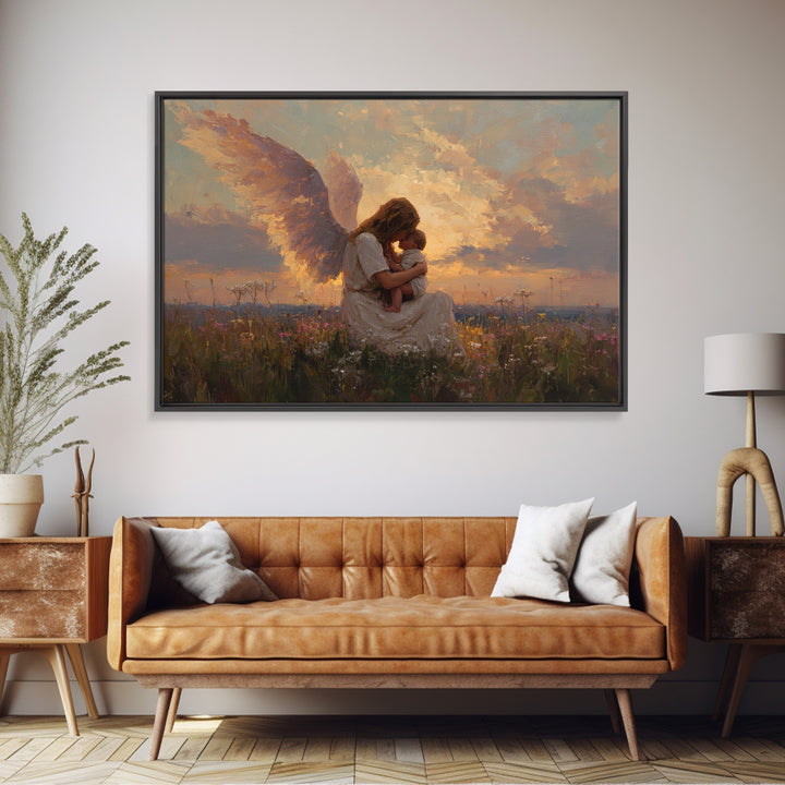 Sunset Angel Mother Cradling Baby Canvas Print, Guardian Angel Wall Art, Spiritual Nursery Decor, Christian Gift For Her