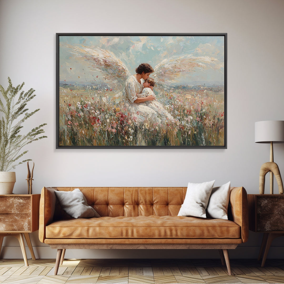 Guardian Angel Holding Baby In Wildflower Field Framed Canvas Print, Christian Wall Art, Nursery Decor, Spiritual Gift Idea