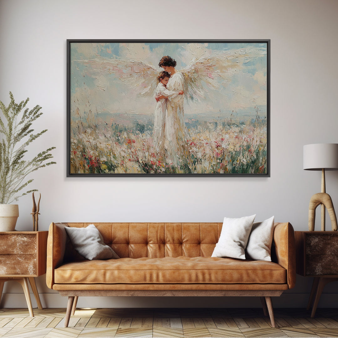 Angel Embracing Child In White Wildflowers Wall Art, Christian Canvas Print, Spiritual Nursery Decor, Gift For Mom, Home Decor
