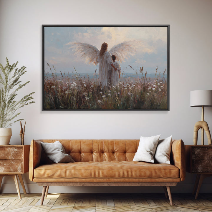 Angel And Child Facing Soft Horizon Canvas Print, Peaceful Meadow Wall Art, Christian Home Decor, Nursery Decor, Living Room Decor