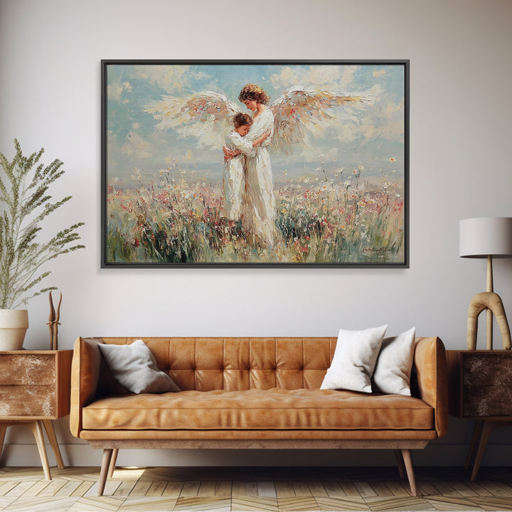 Angel Holding Child In Daisy Meadow Framed Canvas Print, Christian Wall Art, Spiritual Nursery Decor, Gift For Her, Home Decor