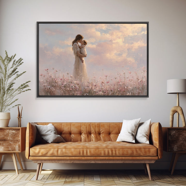 Mother Kissing Baby In Pastel Flower Meadow Wall Art, Soft Feminine Canvas Print, Nursery Decor, Gift For Mom, Bedroom Decor