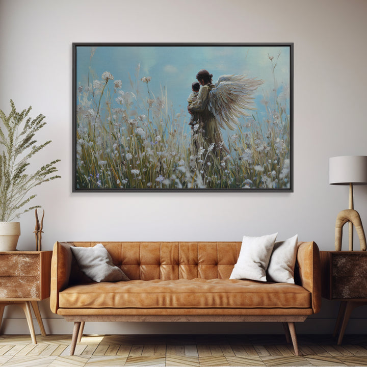 Guardian Angel Carrying Baby Through Dandelions Canvas Print, Spiritual Wall Art, Christian Nursery Decor, Gift For Mom, Home Decor
