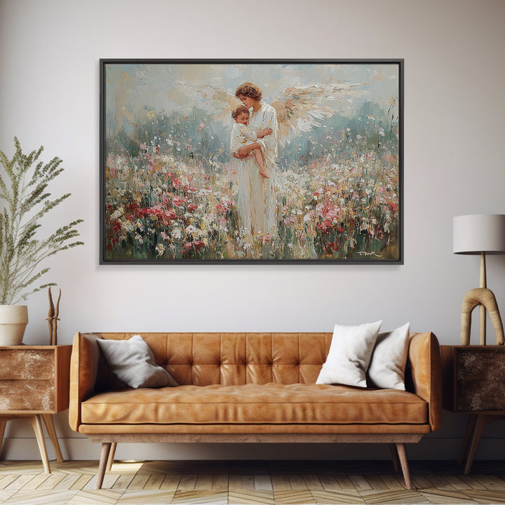 Angel Mother Holding Child In Wildflower Meadow Wall Art, Spiritual Nursery Decor, Floral Fine Art Print, Gift For Mom, Home Decor