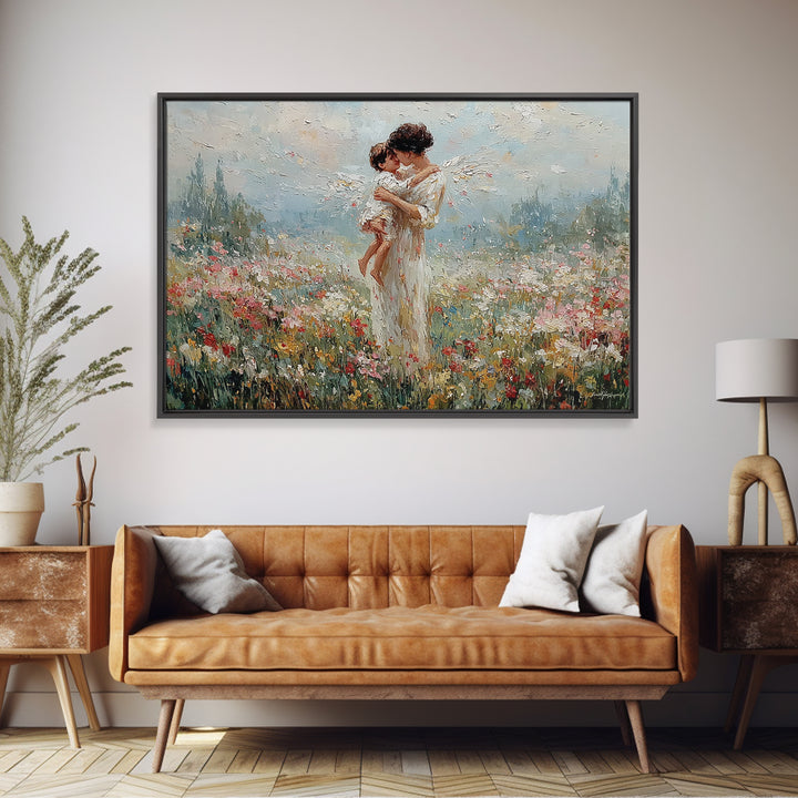 Mother And Baby Embrace In Flower Field Framed Canvas Print, Angelic Nursery Wall Art, Spiritual Gift For Mom, Home Decor