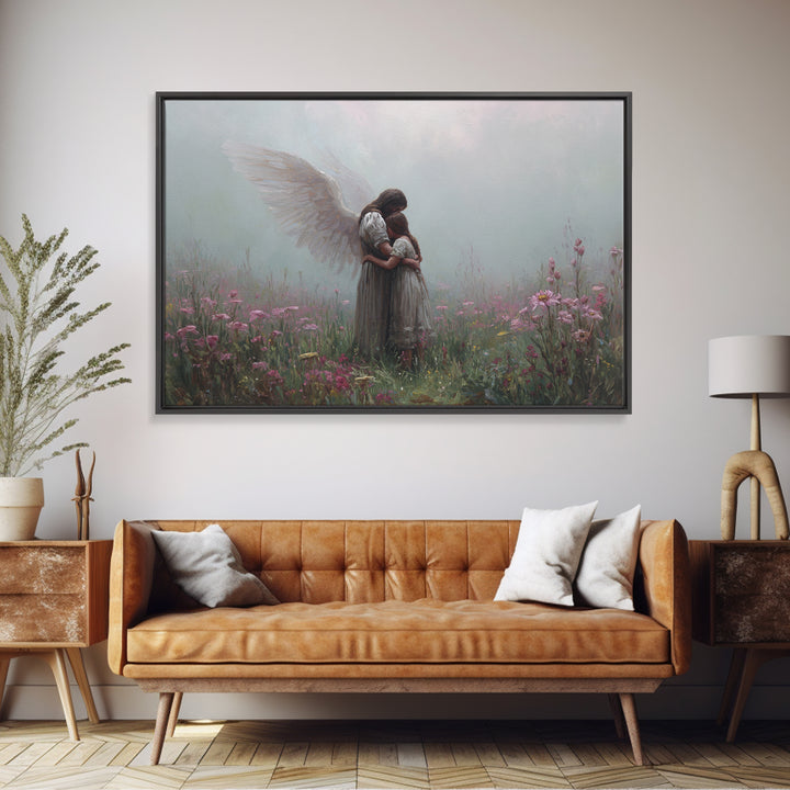 Guardian Angel Hugging Child In Misty Wildflowers Wall Art, Spiritual Nursery Decor, Moody Floral Fine Art Print For Mom