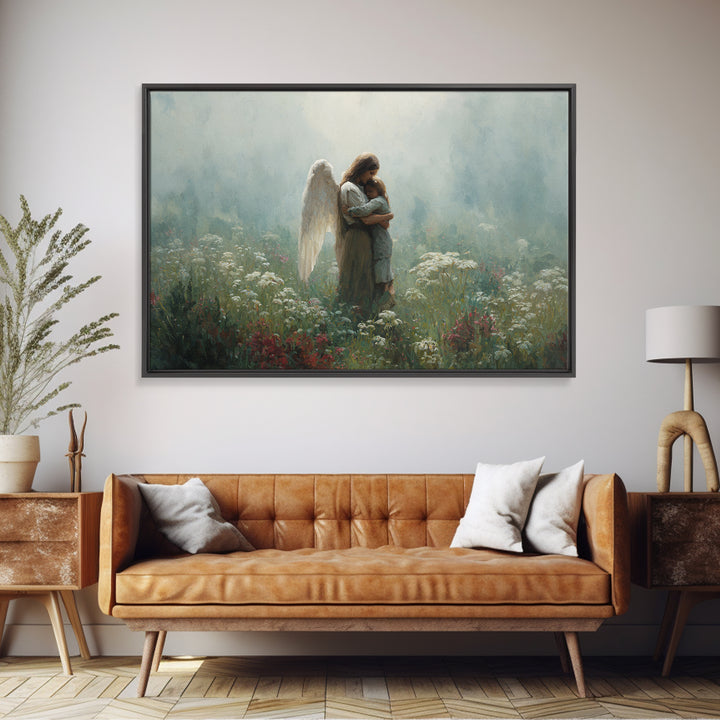Angel Mother Cradling Child In Soft Meadow Canvas Print, Spiritual Wall Art, Calming Floral Nursery Decor, Gift For Mom, Home Decor