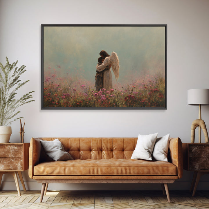 Winged Mother And Child Embracing In Pink Meadow Wall Art, Spiritual Nursery Decor, Moody Floral Painting, Gift For Her, Home Decor