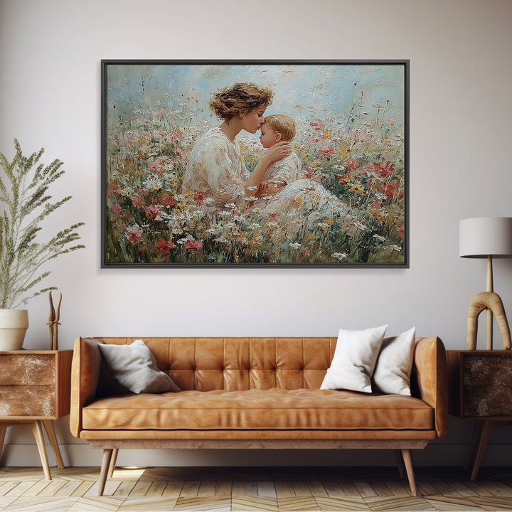 Tender Mother Kissing Baby Among White Daisies Framed Canvas Print, Floral Nursery Wall Art, Spiritual Gift For Mom, Home Decor