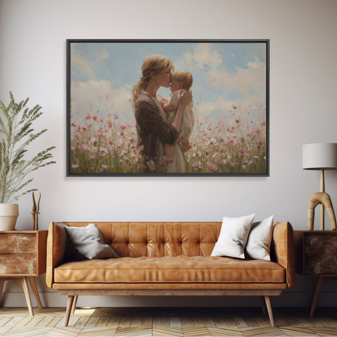 Blonde Mother Kissing Baby In Pink Flower Field Framed Canvas Print, Soft Nursery Wall Art, Mothers Day Gift, Home Decor