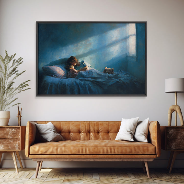 Moonlit Child Reading In Blue Bedroom Wall Art, Impressionist Oil Painting Print, Nursery Decor, Cozy Bedroom Art, Gift For Mom