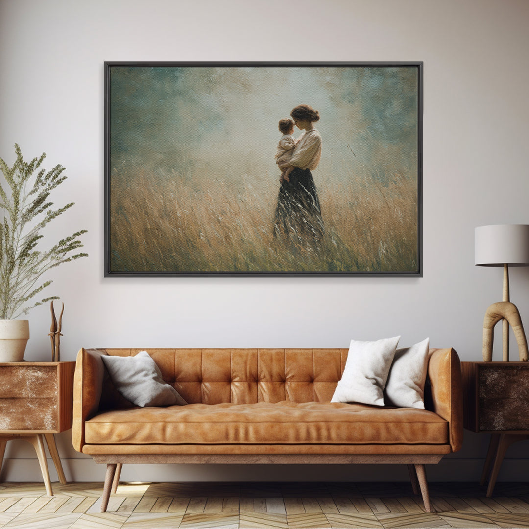Mother And Child In Golden Grass Framed Canvas Print, Moody Impressionist Painting, Neutral Wall Art, Farmhouse Decor, Housewarming Gift