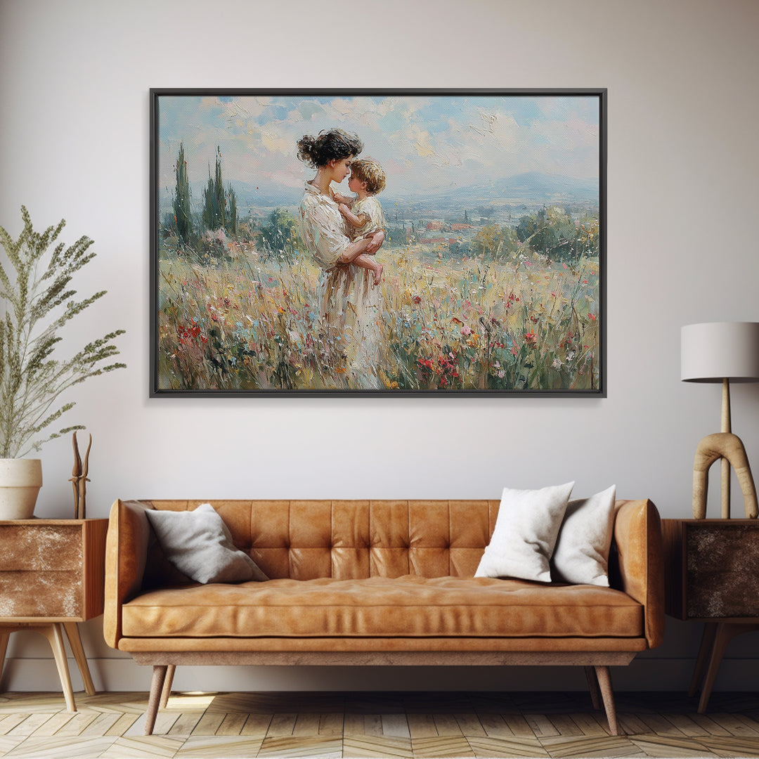 Mother And Child In Wildflower Hills Wall Art, Impressionist Oil Painting Print, Floral Wall Decor, Living Room Art, Gift For Mom