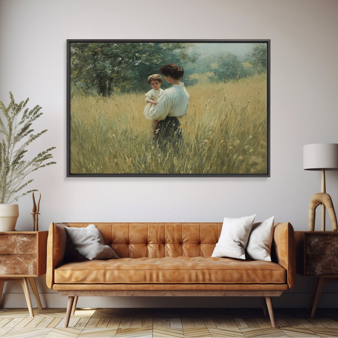 Mother Holding Child In Summer Field Framed Canvas Print, Impressionist Oil Painting, Rustic Wall Art, Farmhouse Home Decor