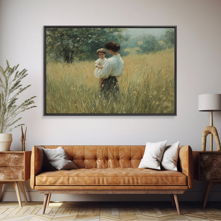 Mother Holding Child In Summer Field Framed Canvas Print, Impressionist Oil Painting, Rustic Wall Art, Farmhouse Home Decor