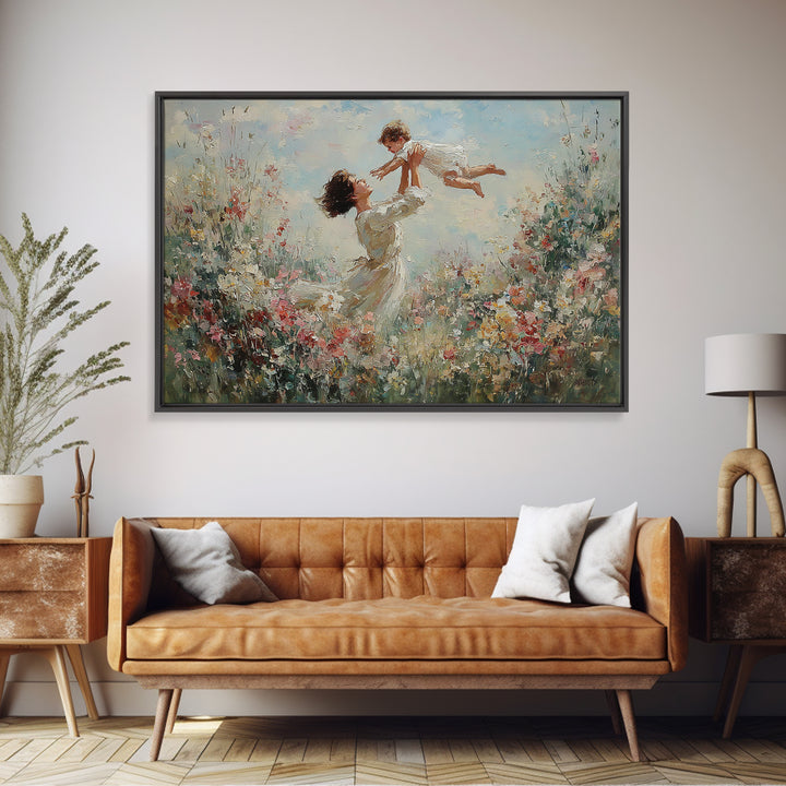 Mother Lifting Baby In Blooming Garden Wall Art, Joyful Impressionist Oil Painting Print, Floral Nursery Decor, Gift For Mom