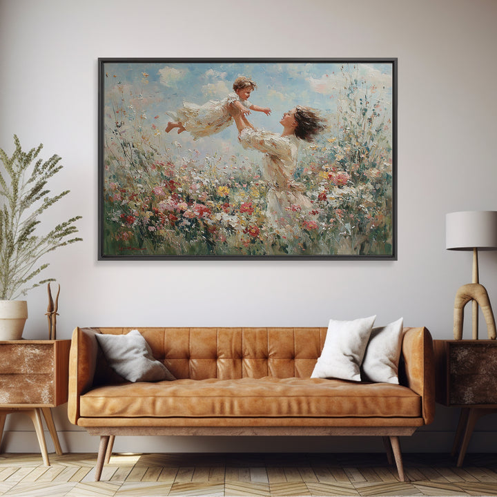 Mother Lifting Child Above Wildflowers Wall Art, Impressionist Oil Painting Print, Floral Nursery Decor, Living Room Decor, Gift For Mom