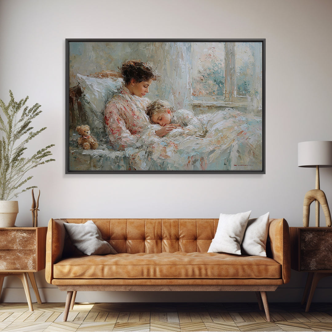 Mother And Child Bedtime Cuddle By Window Framed Canvas Print, Cozy Bedroom Wall Art, Nursery Wall Art, Gift For Mom, Home Decor