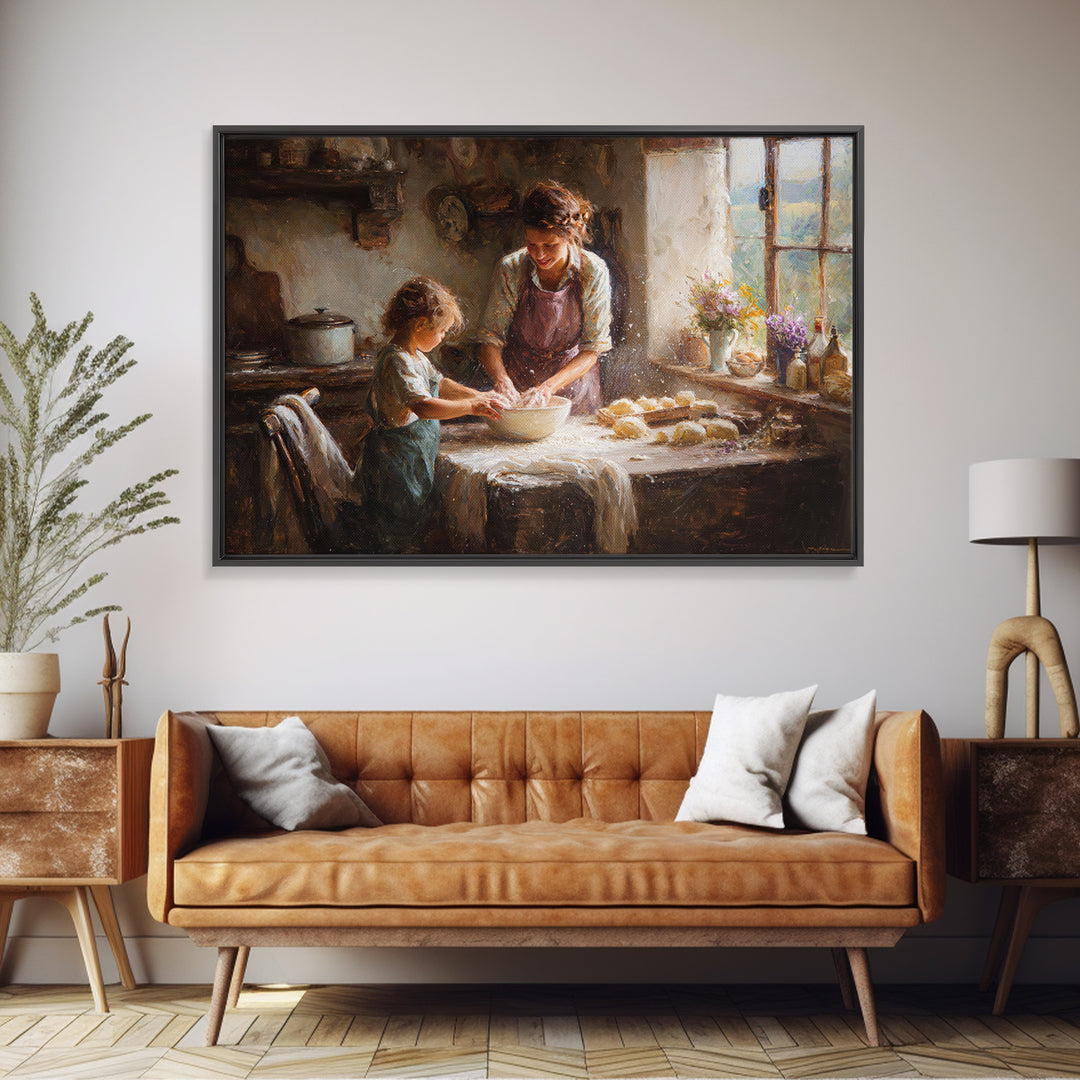 Mother And Child Mixing Dough In Warm Kitchen Framed Canvas Print, Farmhouse Kitchen Wall Art, Rustic Home Decor, Gift For Mom