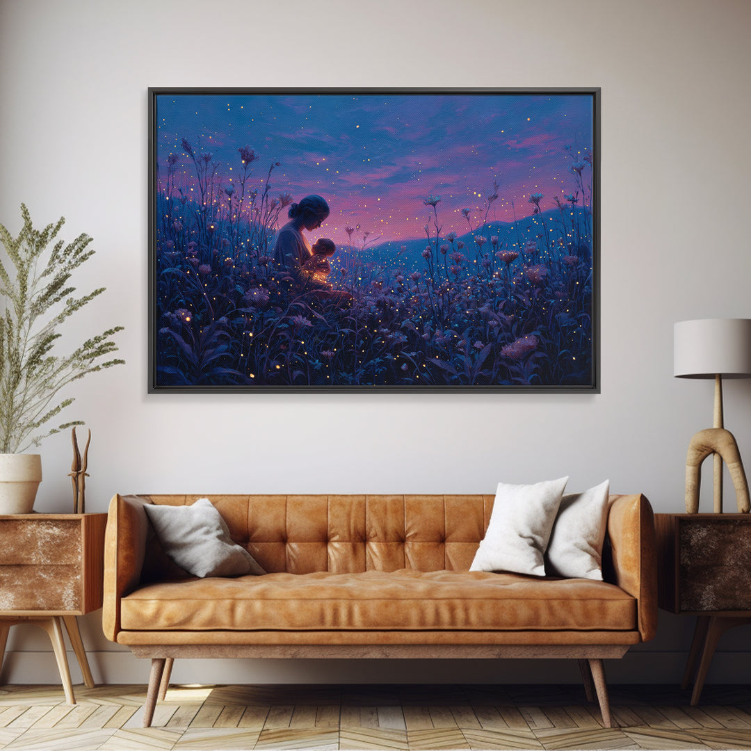 Twilight Mother And Child Firefly Canvas Print, Celestial Nursery Art, Fantasy Wall Decor, Gift For Mom, Bedroom Decor, Magical Art
