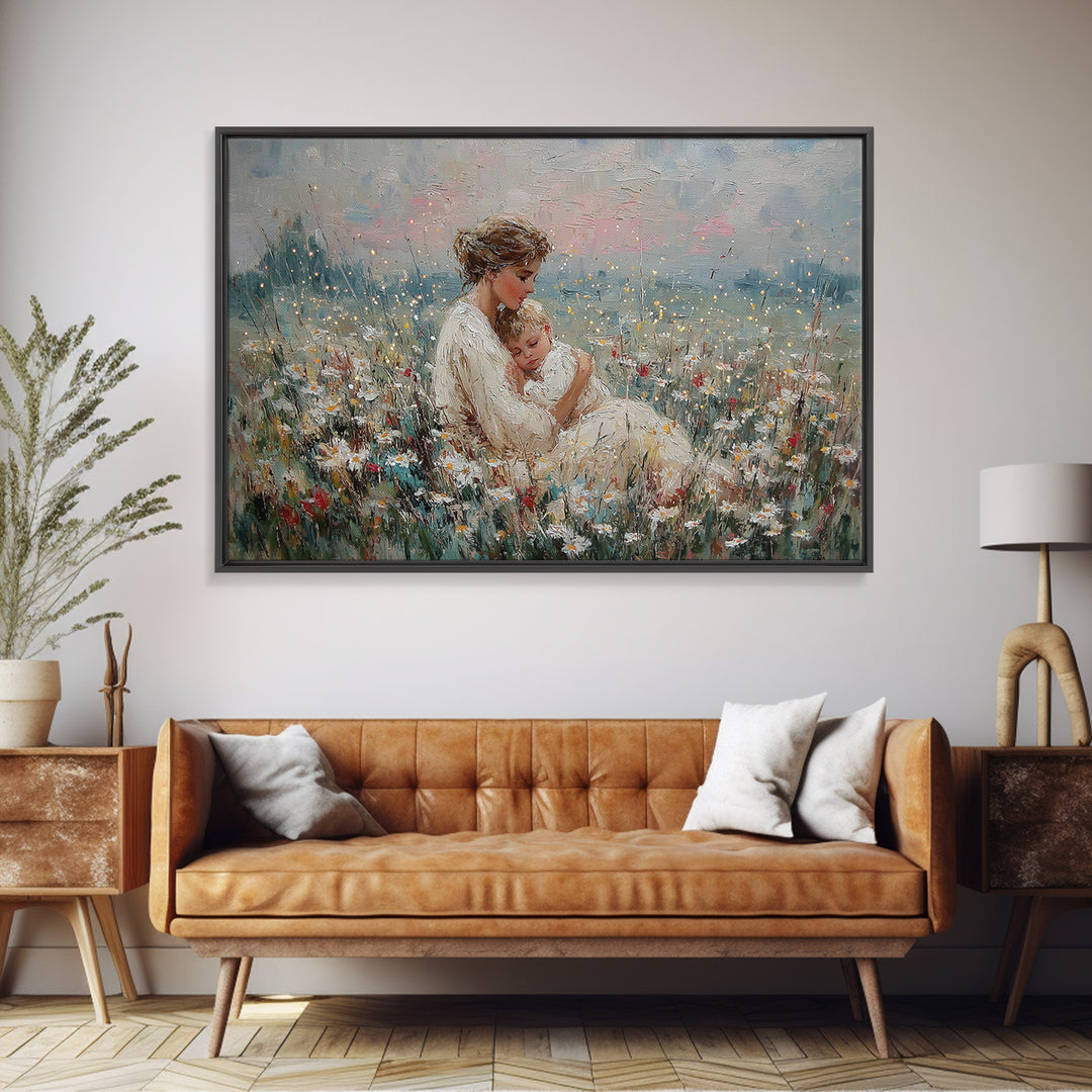 Impressionist Mother And Baby Wildflower Framed Canvas Print, Floral Wall Art, Fine Art Print, Mothers Day Gift, Home Decor