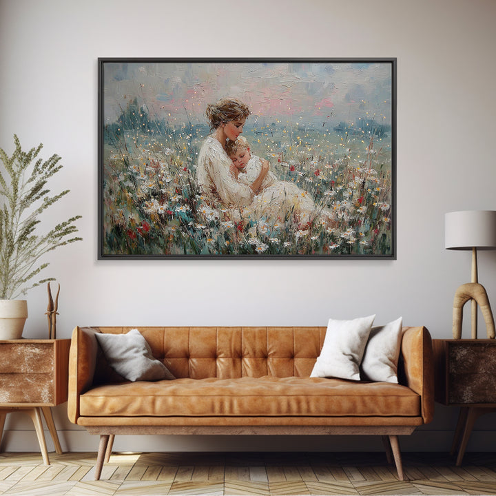 Impressionist Mother And Baby Wildflower Framed Canvas Print, Floral Wall Art, Fine Art Print, Mothers Day Gift, Home Decor